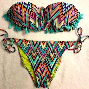 Xhilaration Aztec Chevron Push-Up Fringe Bandeau Bikini Set